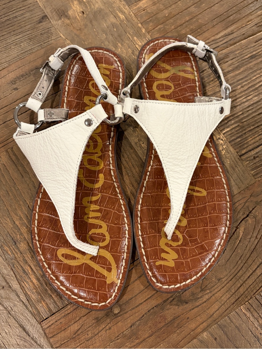 Sam Edelman White Pebbled Leather Greta Thong Sandal Ankle Strap Flat 6.5M